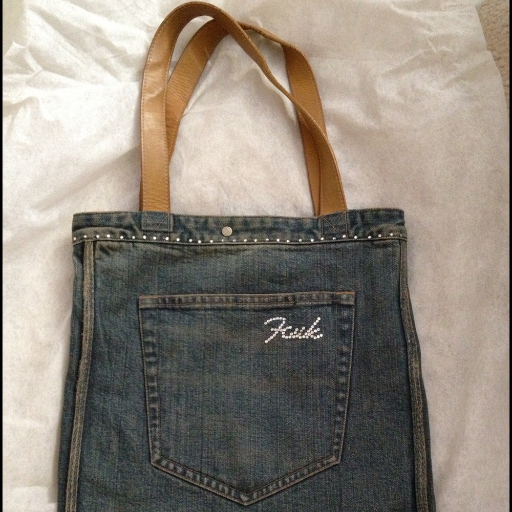 French Connection Denim Tote with Tan Straps